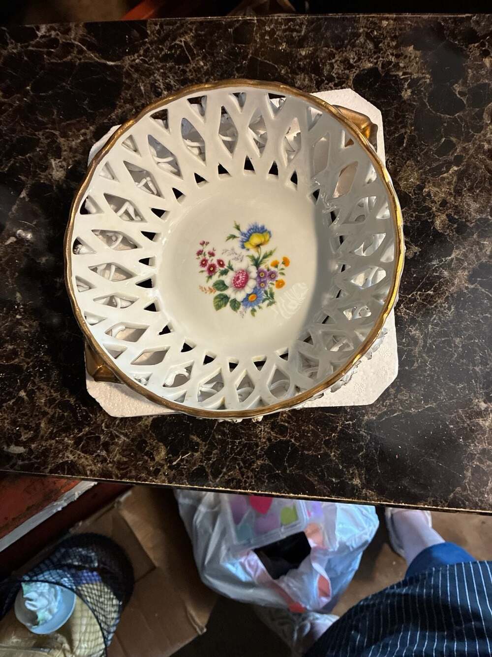 Vintage Limoges Reticulated Porcelain Basket with Applied Flowers and Gold Trim